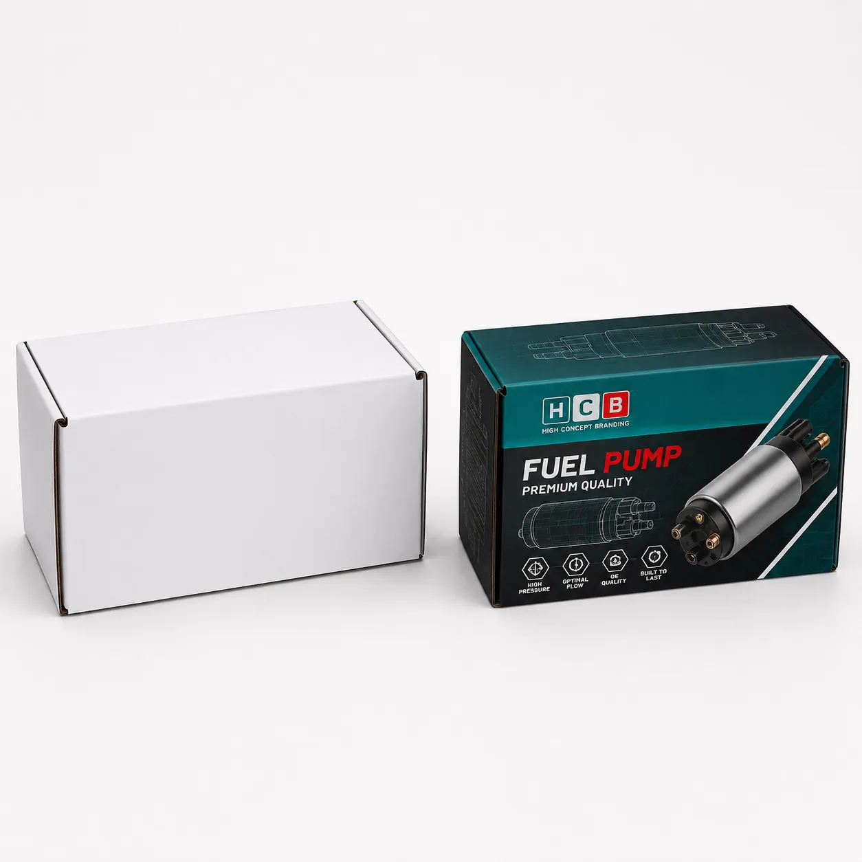 Corrugated roll end tuck top mailer boxes printed with automotive fuel pump graphics.